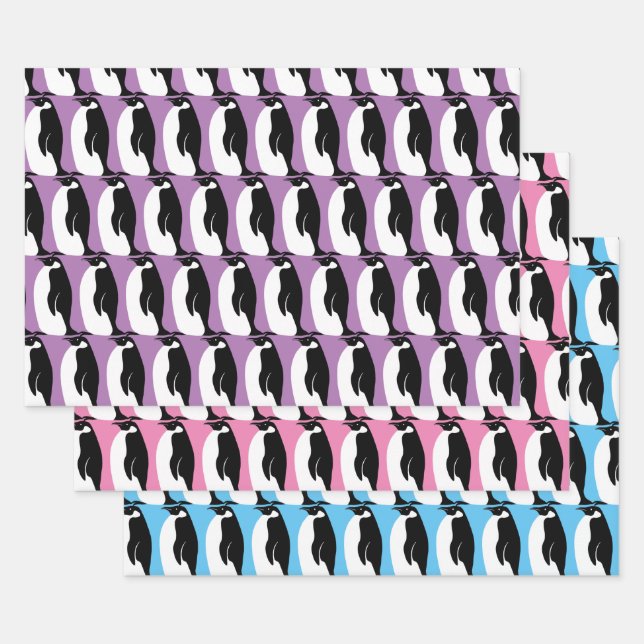 Penguin Pattern Black White Gift Wrapping Paper Sheets (Set)