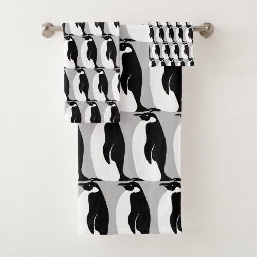 Penguin Pattern Gray Black White Bath Towel Set