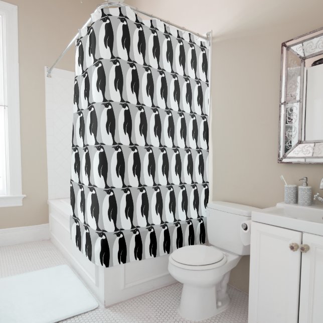 Penguin Pattern Gray Black White Shower Curtain (In Situ)