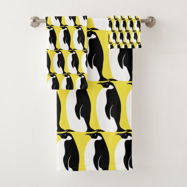 Penguin Pattern Illuminating Yellow Black White Bath Towel Set (Insitu)