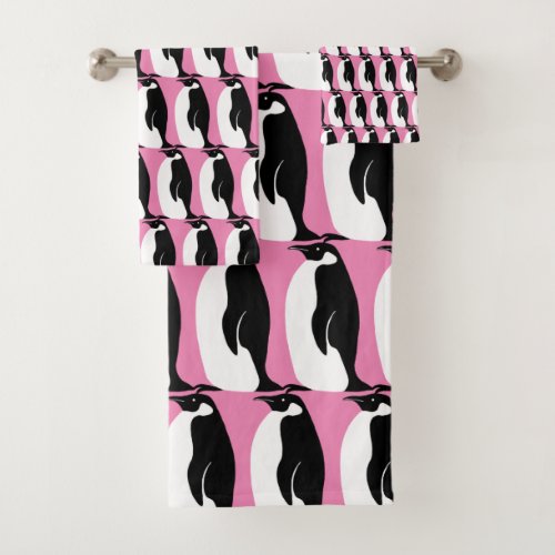 Penguin Pattern Pink Black White Bath Towel Set
