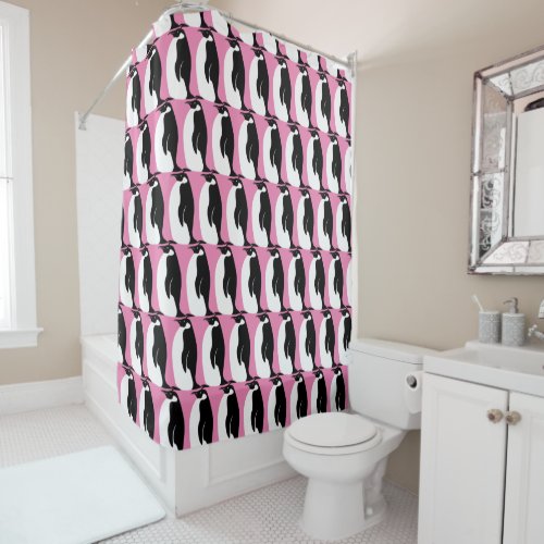 Penguin Pattern Pink Black White Shower Curtain