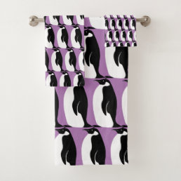 Penguin Pattern Purple Black White Bath Towel Set