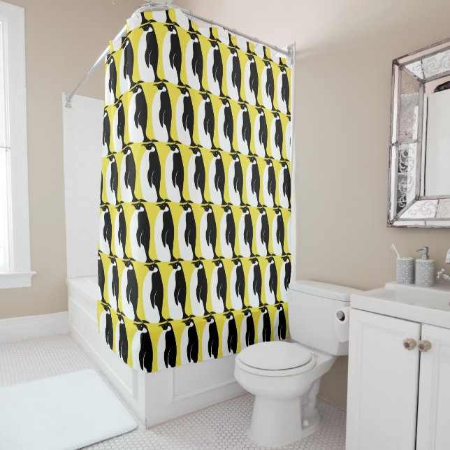Penguin Pattern Yellow Black White Shower Curtain (In Situ)