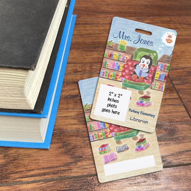 Penguin personalized school librarian ID badge (Creator Uploaded)