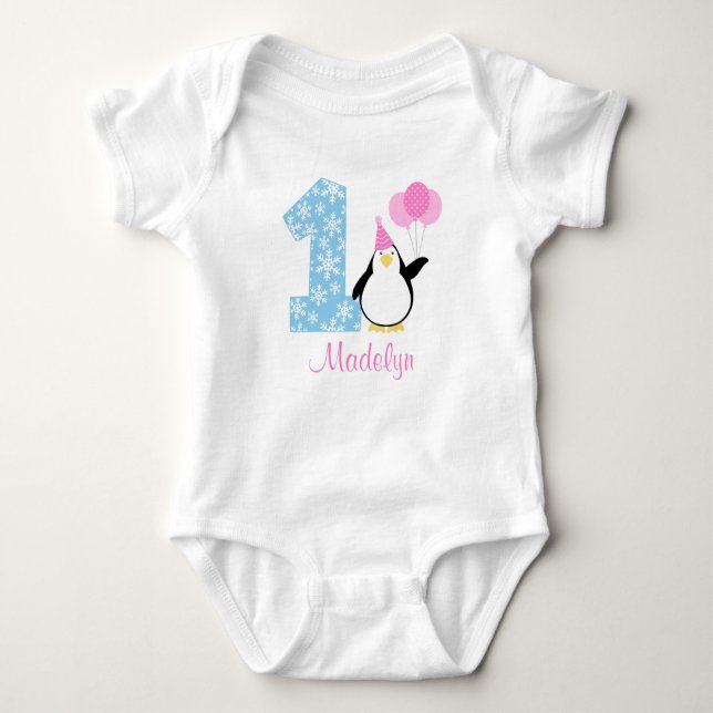 Penguin Pink Blue Girl Winter Onederland Birthday Baby Bodysuit (Front)