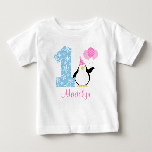 Penguin Pink Blue Girl Winter Onederland Birthday Baby T_Shirt