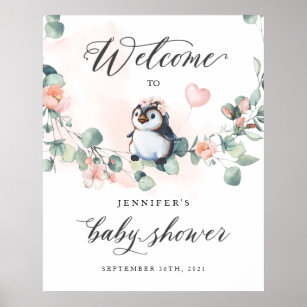 Penguin Pink Girl Baby Shower Welcome Sign