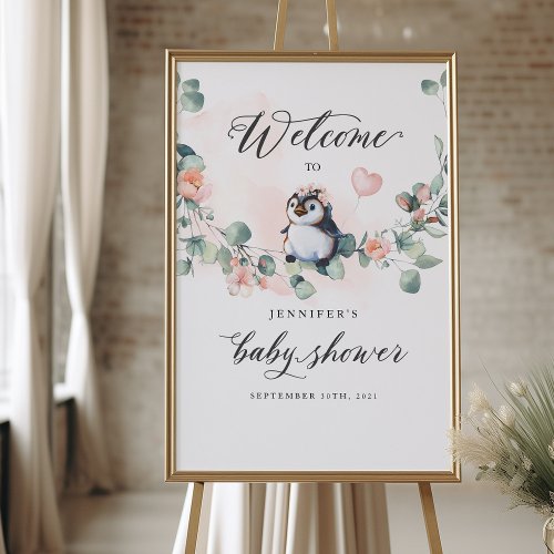 Penguin Pink Girl Baby Shower Welcome Sign