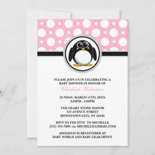 Penguin Pink Polka Dot Baby Shower Invitations