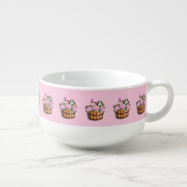 Penguin Pink Roses Happy Anniversary Soup Mug (Left)
