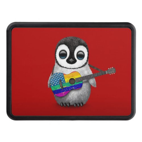 Penguin Playing American Rainbow Flag Guitar Red Tow Hitch Cover