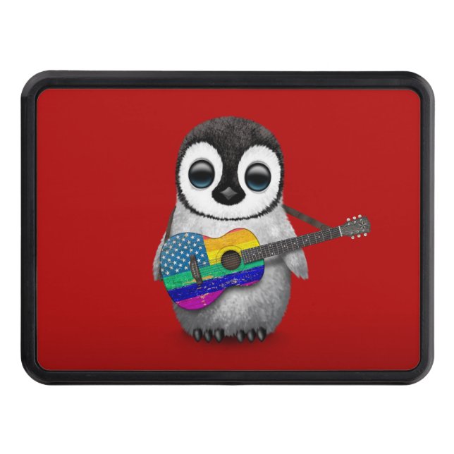 Penguin Playing American Rainbow Flag Guitar Red Tow Hitch Cover (Front)