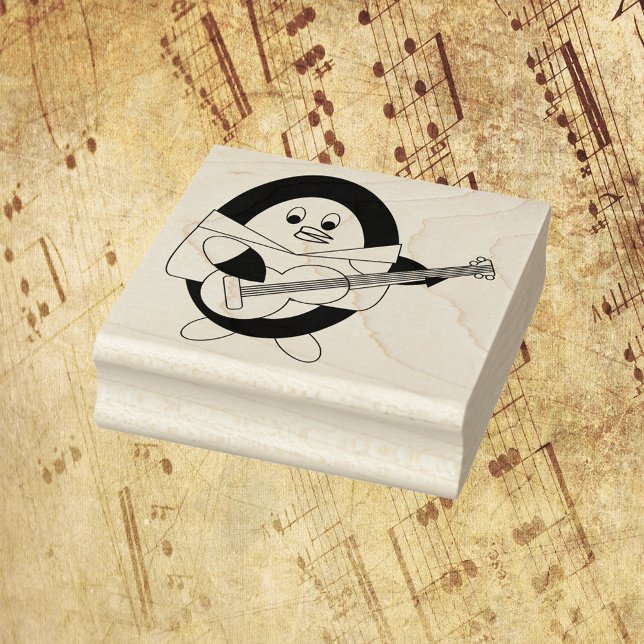 Penguin Playing Guitar Cute Rubber Stamp (A cute stamp of a penguin playing guitar.)