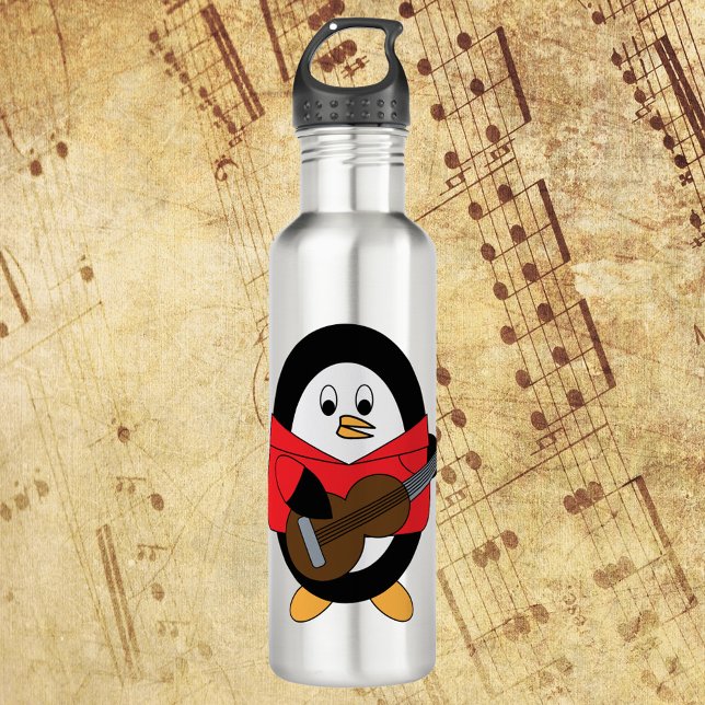 Penguin Playing Guitar Cute Stainless Steel Water Bottle (A cute penguin plays the guitar on this adorable water bottle)