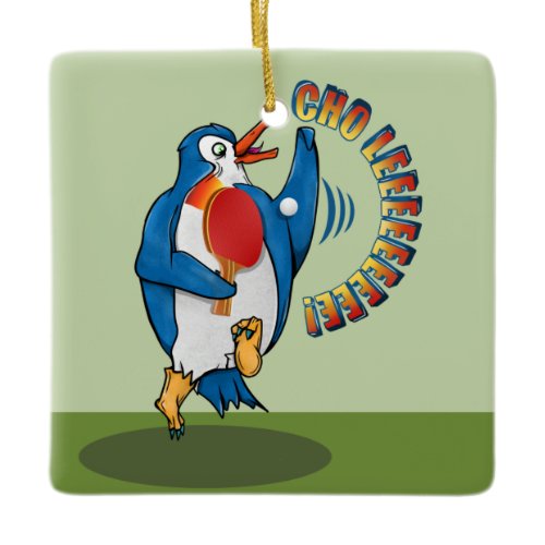 Penguin Playing Ping Pong Ceramic Ornament
