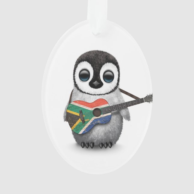 Penguin Playing South African Flag Guitar Ornament (Back)
