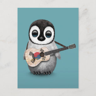 Penguin Playing South Korean Flag Guitar Blue Postcard