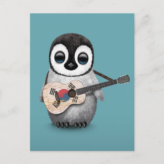 Penguin Playing South Korean Flag Guitar Blue Postcard (Front)
