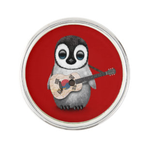 Penguin Playing South Korean Flag Guitar Red Pin