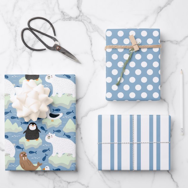 Penguin Polar Bear Seal Wrapping Paper Set of 3 (Front)