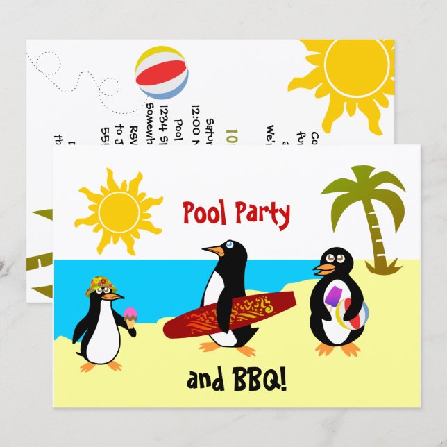 Penguin Pool Party / Beach Party Invitation (Front/Back)