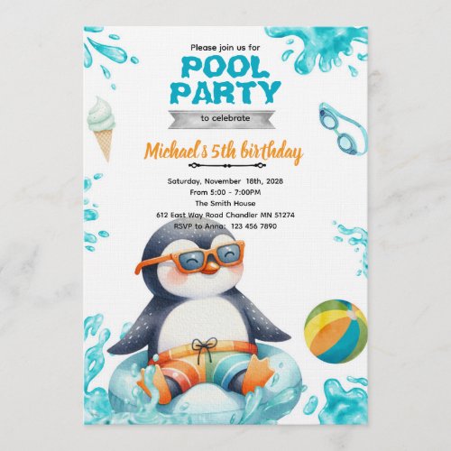 Penguin Pool Party Birthday Invitation