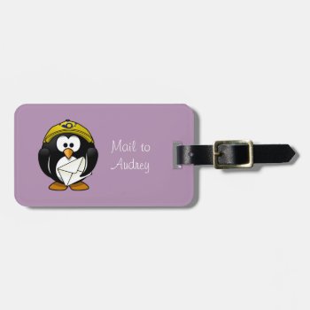 Penguin Postman Purple Luggage Tag by Shopia at Zazzle