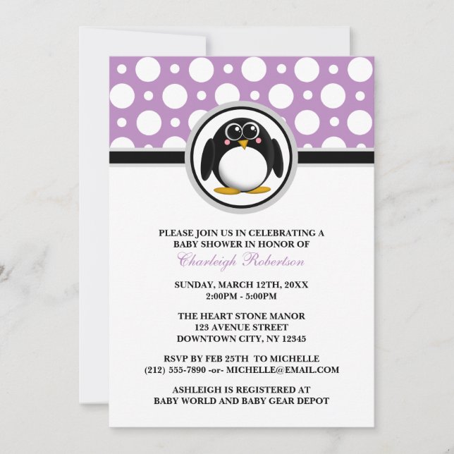 Penguin Purple Polka Dot Baby Shower Invitations (Front)