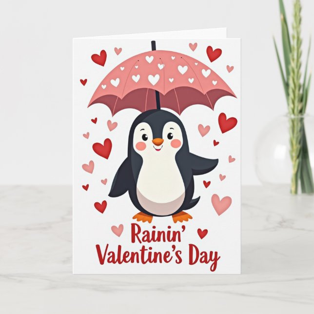 Penguin Rains Hearts Valentines Card (Front)