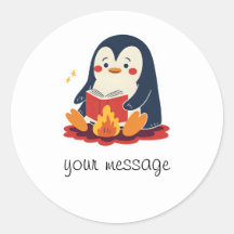 Penguin reading a book by a fireplace