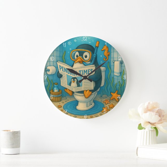 Penguin Reading Newspaper Underwater Large Clock (Home)