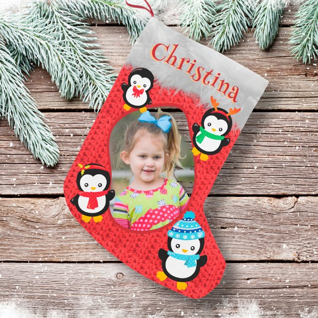 Penguin Red Cute Christmas Kid Photo Name Fun Cool Small Christmas Stocking (Creator Uploaded)
