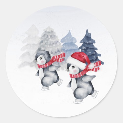 Penguin Red Skating Trees Watercolor Christmas Classic Round Sticker