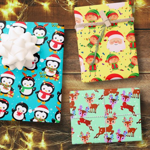 Penguin Reindeer Santa Claus Elf Christmas Holiday Wrapping Paper Sheets