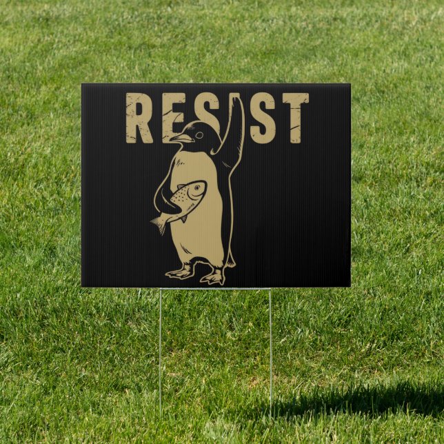 Penguin Resist Penguins Protest Against Tariffs Sign (Insitu)