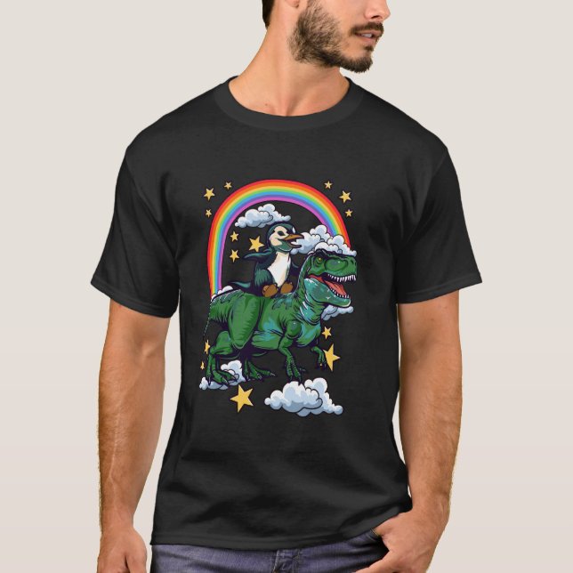 Penguin Rides a Dinosaur Dino T-Shirt (Front)