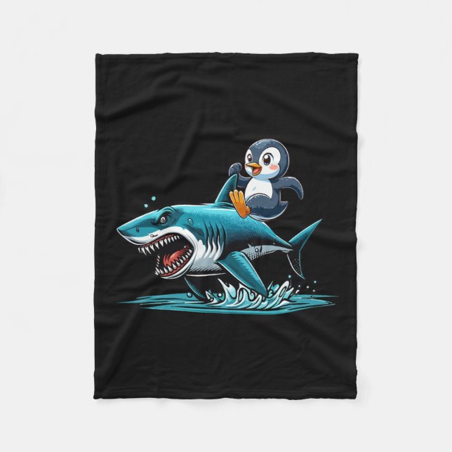 Penguin Riding Shark Costume Sea Animal Lover Kids Fleece Blanket (Front)