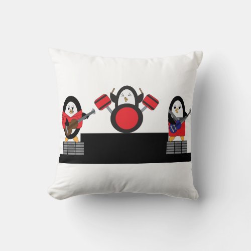 Penguin Rock and Roll Band Musician Throw Pillow