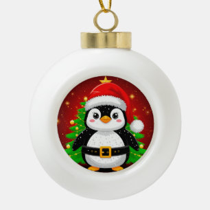 🐧 Penguin Santa Christmas Tree Holiday Fun ✨ Ceramic Ball Christmas Ornament