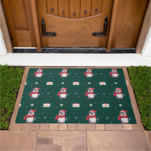 Penguin Santa Green Happy Merry Christmas pattern Doormat