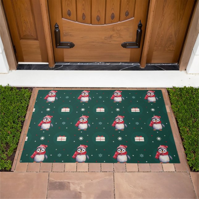 Penguin Santa Green Happy Merry Christmas pattern Doormat (Outdoor)