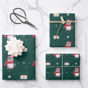 Penguin Santa Green Happy Merry Christmas pattern Wrapping Paper Sheets