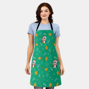 Penguin Santa Happy Merry Christmas tree pattern Apron