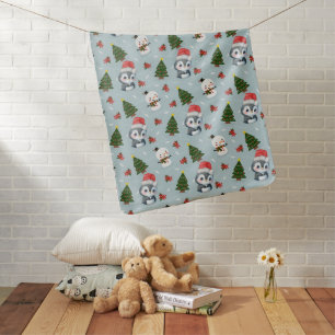 Penguin Santa Happy Merry Christmas tree pattern Baby Blanket