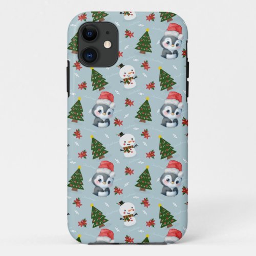 Penguin Santa Happy Merry Christmas tree pattern iPhone 11 Case