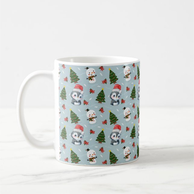 Penguin Santa Happy Merry Christmas tree pattern Coffee Mug (Left)