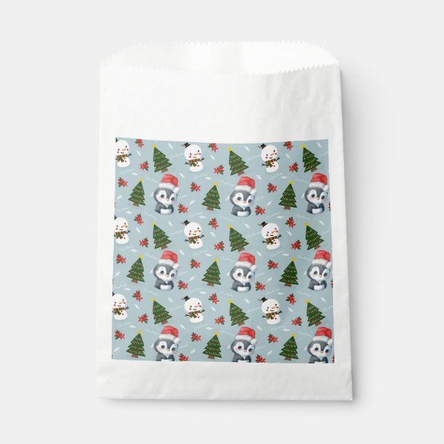 Penguin Santa Happy Merry Christmas tree pattern Favor Bag (Front)