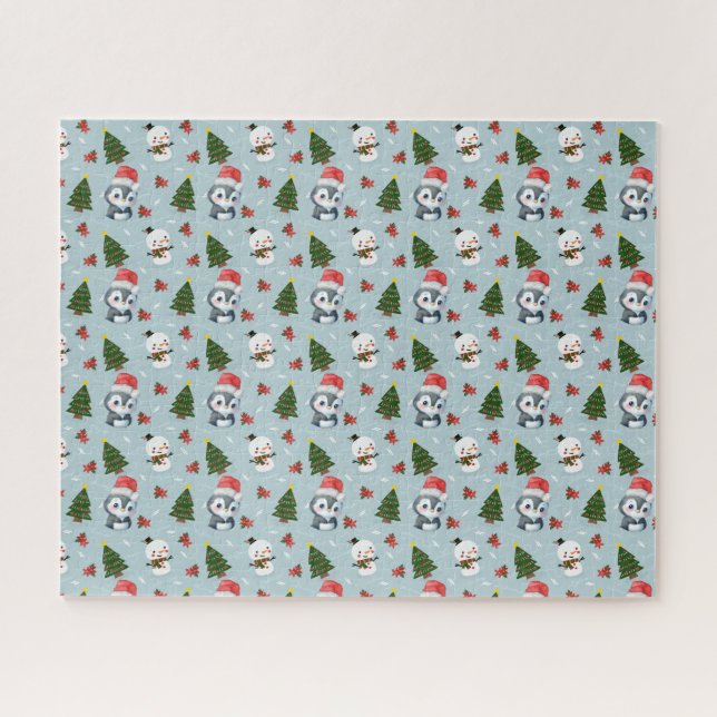 Penguin Santa Happy Merry Christmas tree pattern Jigsaw Puzzle (Horizontal)