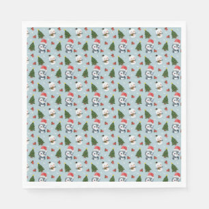 Penguin Santa Happy Merry Christmas tree pattern Napkins